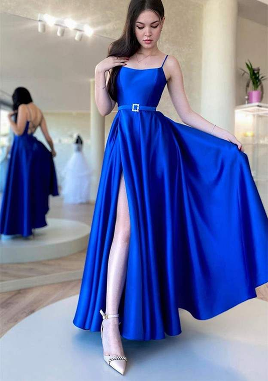 Ankle-Length Satin Prom Dress/Evening Dress with A-Line Square Neckline and Spaghetti Straps Waistband Y6219