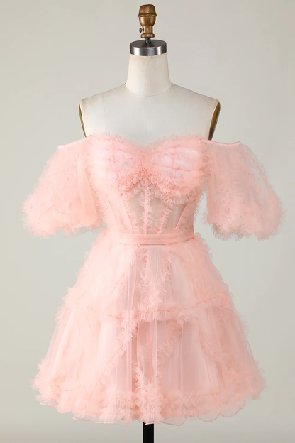 Blush Tulle Off The Shoulder Short Homecoming Dress Y2616