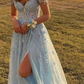 Blue Lace Appliques A-line Long Prom Dress,Blue Graduation Dress Y7035