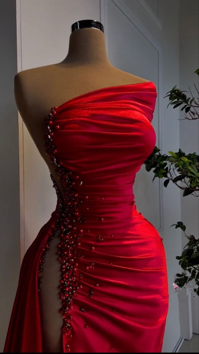Charming Red Satin Long Evening Dress with High Slit Y4115