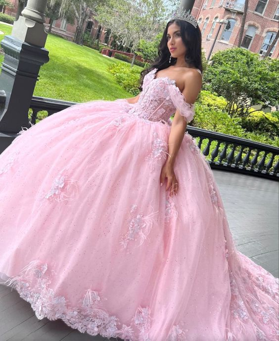 Pink Off The Shoulder Tulle Ball Gown Sweet 16 Dress  Y2610