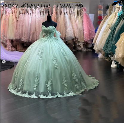 Sage Green Quinceanera Dresses Lace Off-Shoulder Sweet 16 Birthday Party Dress,Sage Green Ball Gown ,Y2421