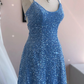 Blue Sheath Sequins Lace-Up Mini Homecoming Dress Y3007