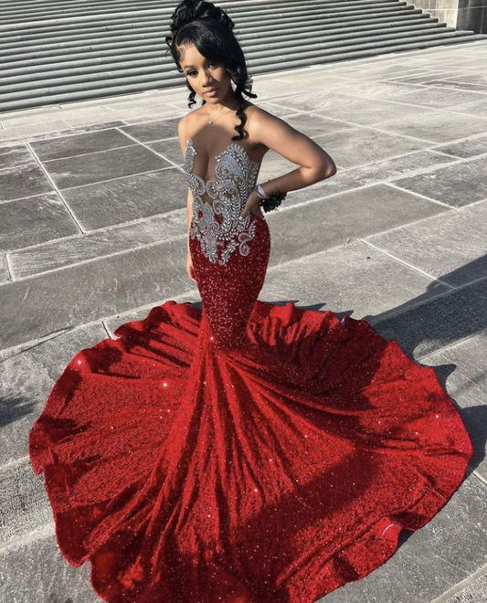 Sparkly Red Sequins Mermaid Prom Dress For Black Girls Y5117