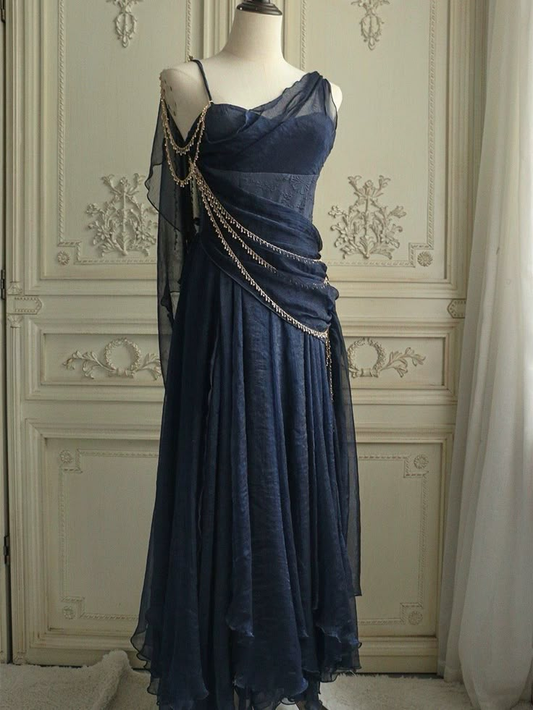 Vintage Navy Blue Chiffon A Line Prom Dress Evening Dress Y8292