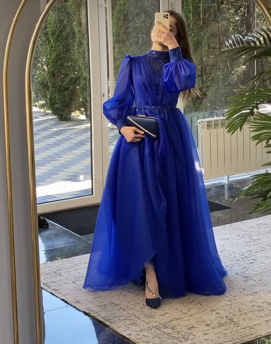 Modest Royal Blue A-line Tulle Prom Dress,Fashion Maxi Dress Y6968