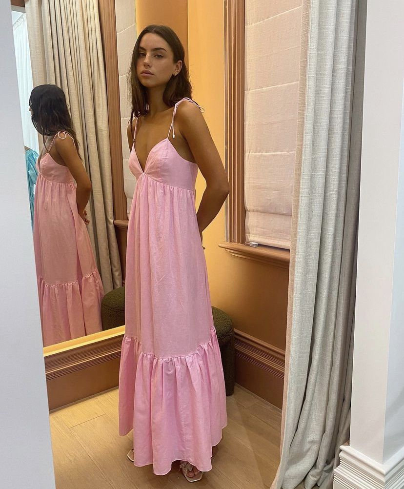 Simple A-line V Neck Pink Prom Dress,Pink Formal Gown Y2130