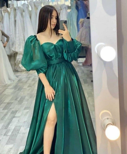 Green Silk Organza Prom Dresses Sweetheart Neckline Puff Sleeves Formal Party Dress Women Y4877