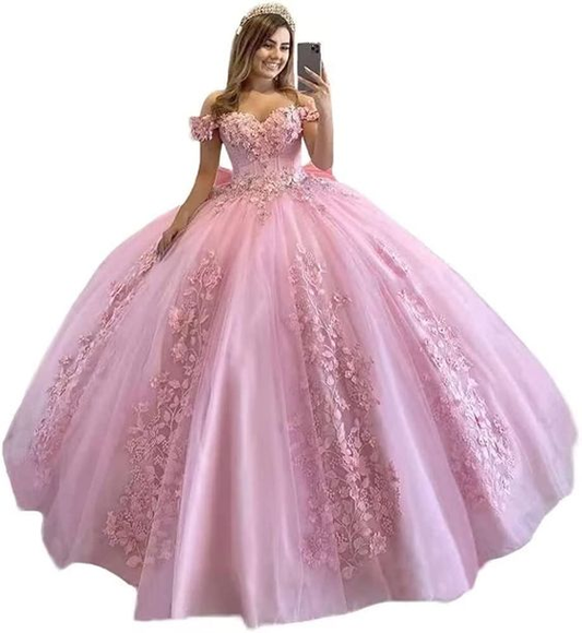 Off Shoulder Quinceanera Dresses for Teens Lace Floral Flower Ball Gown For Sweet 15 16 Puffy Long Princess Dress with Train Y6979