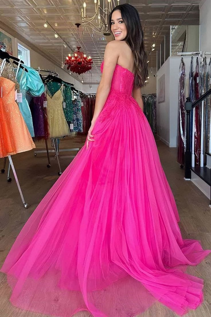 Hot Pink Tulle Sweetheart Appliques Prom Dress Y4968