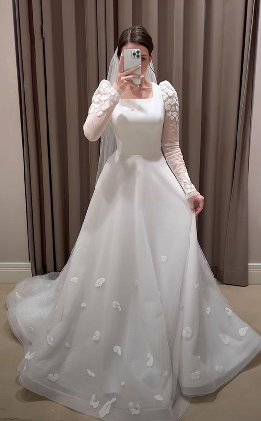Modest White A-line Long Sleeves Wedding Dress,White Bridal Dress  Y6729