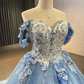 Ball Gown Blue Prom Dresses Lace Tulle Off Shoulder Evening Party Dress Y4561