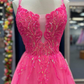 Hot Pink Tulle Appliques Lace-Up A-Line Long Prom Dress Y2791