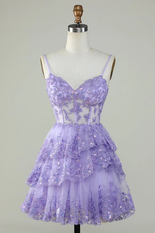 Straps Lavender Sequins Corset Layered Homecoming Dress Y2907