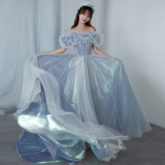 Romantic tulle long A line prom dress blue evening gown Y6572
