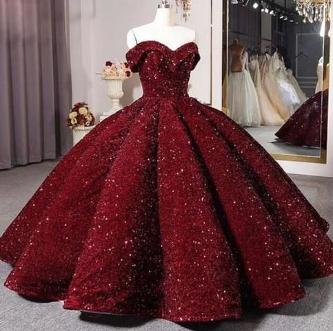 Off The Shoulder Sequins Burgundy Ball Gown Quinceanera Dress Sweet 16 Dress Y4160