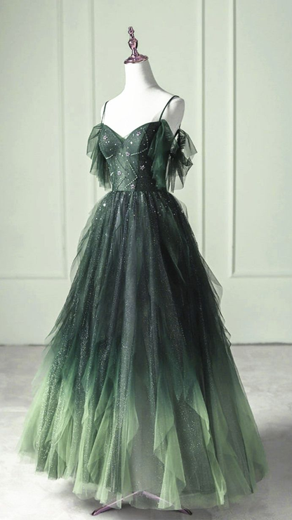 Dark Green Ombre Straps Tulle Layered Long Prom Dress,Green Formal Dress Y4473