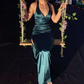 Vintage Green Slit Evening Dress Backless Prom Dress Y7782