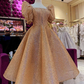 Elegant Gold Sequins Princess Puffy Short Sleeves Tea Length Prom Dress Y5019