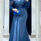 Elegant Mermaid Evening Dress for Women V Neck Long Sleeve Sweep Train Side Slit Pleated Wedding Party Formal Dress Y4957