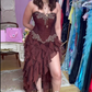 Vintage Hot Pink Lace Chiffon Ruffles Evening Dress,Strapless Prom Dress Y8252