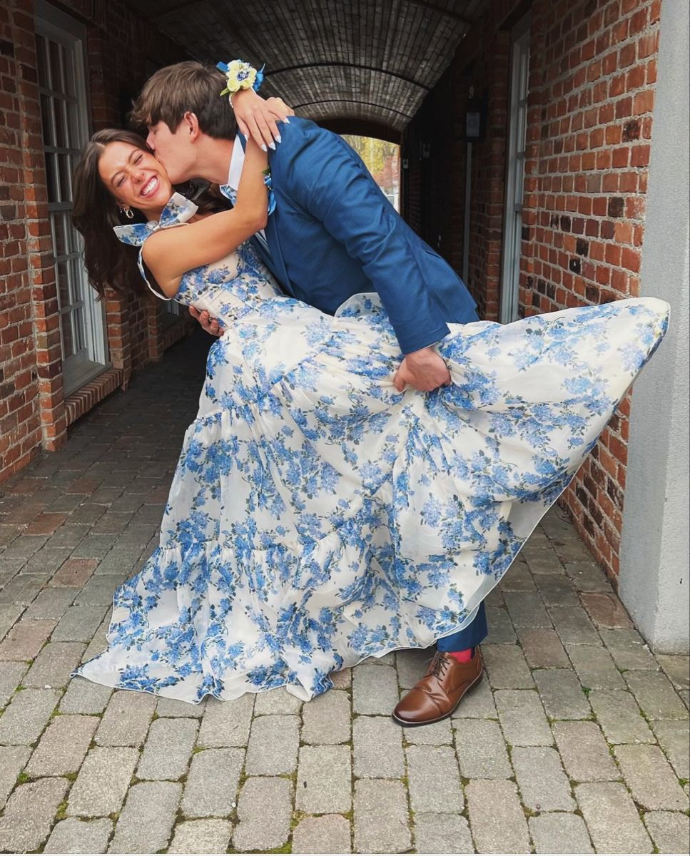 A-line Blue Floral Print Long Prom Dress,Blue Evening Dress  Y2560