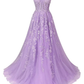 Tulle Lace Applique Prom Dress Long for Women Spaghetti Straps A-Line Evening Dress Y6196