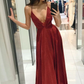 Red Spaghetti Straps V-neck Long Prom Dress, Shiny A Line Party Gown Y6163
