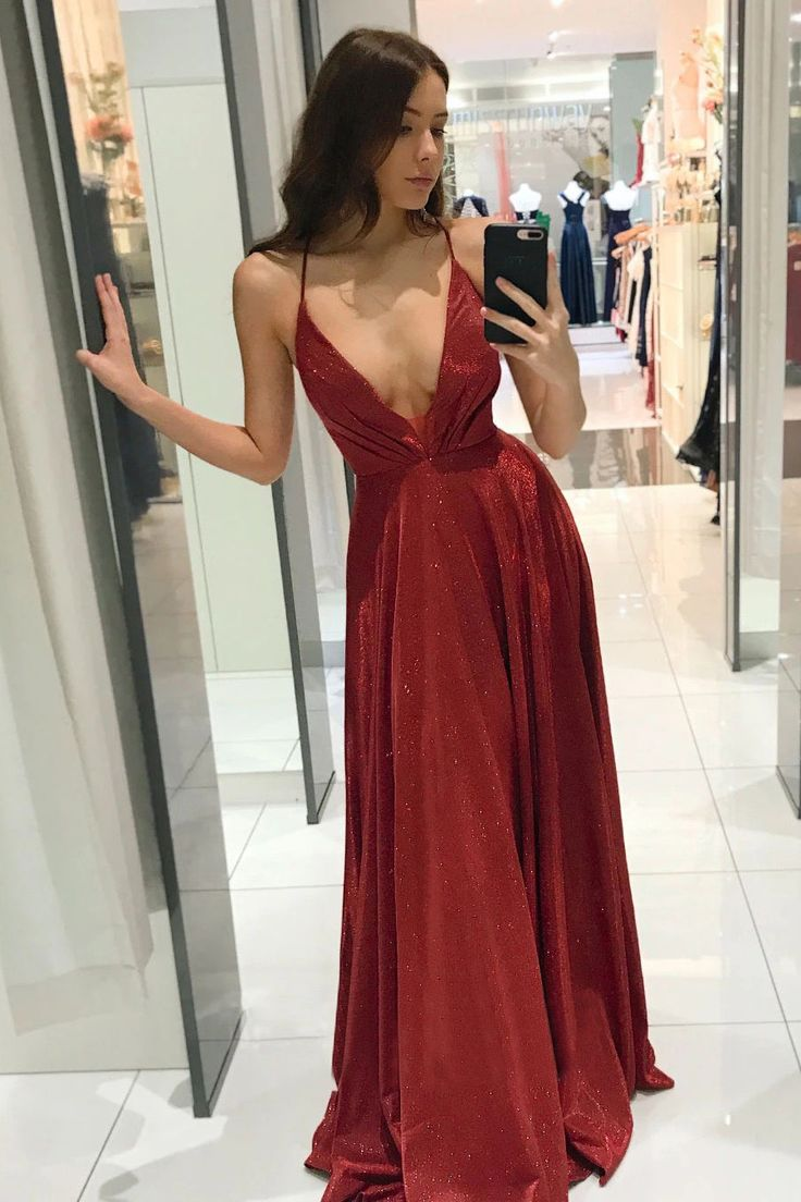 Red Spaghetti Straps V-neck Long Prom Dress, Shiny A Line Party Gown Y6163