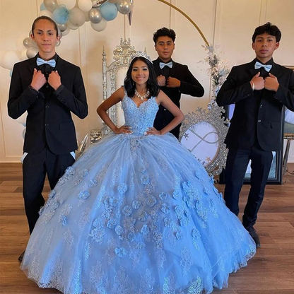 Light Sky Blue Quinceanera Off Shoulder Tulle 3D Floral Formal Birthday Luxury Dress 15th Ball Gown Y6958