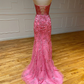 Sweetheart Neck Pink Mermaid Lace Prom Dresses, Pink Mermaid Lace Formal Graduation Dresses Y1549