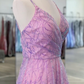 Shiny V Neck Backless Long Purple Prom Dress, Backless Purple Formal Graduation Evening Dress Y917