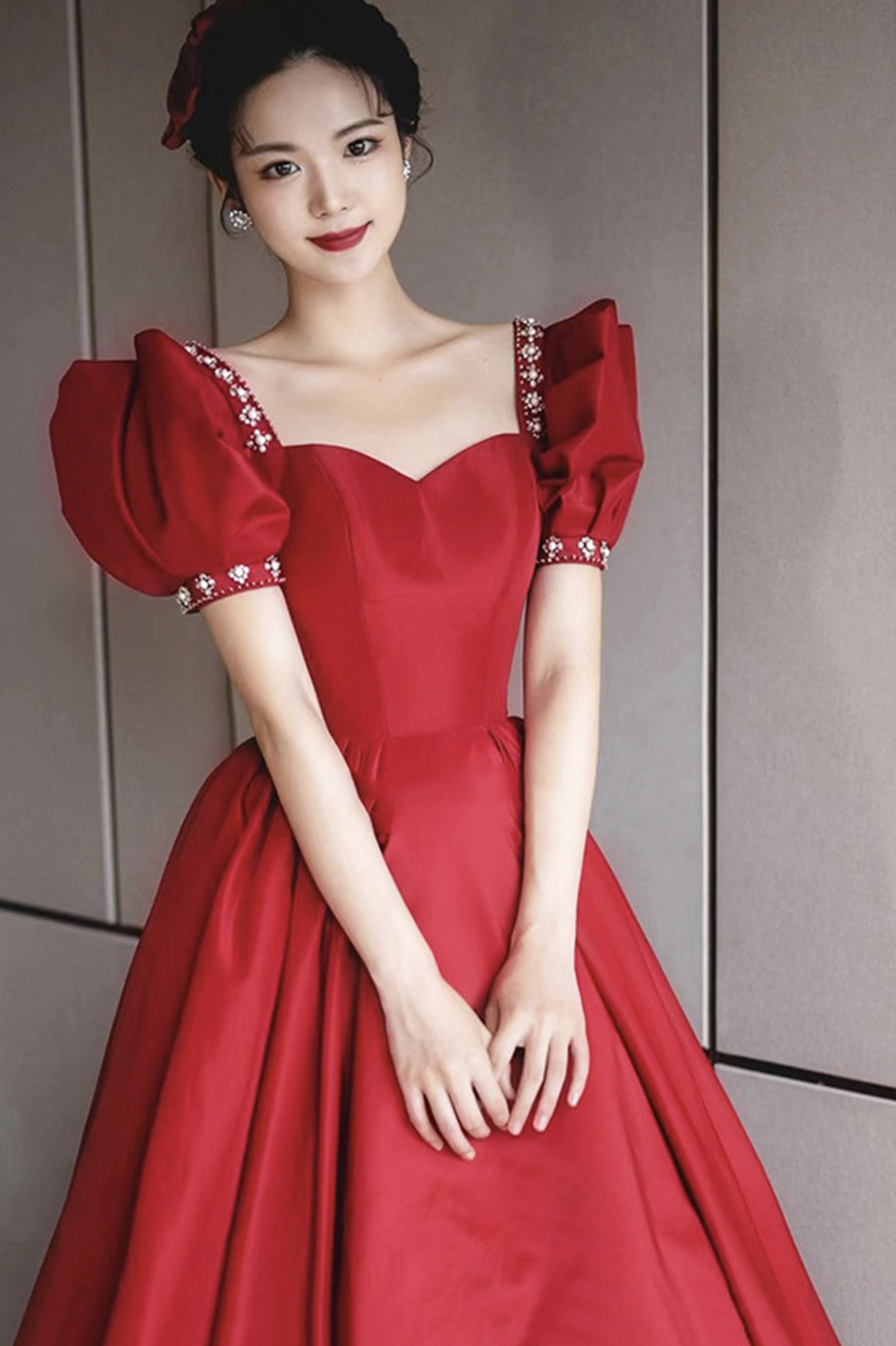 Burgundy satin long prom dress A line evening dress Y1169