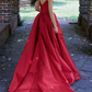 Spaghetti Straps V Neck Red Satin Prom Dresses, Red V Neck Satin Long Formal Graduation Dresses Y231