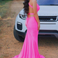 Sleeveless Hot pink Criss-cross Back Mermaid Long Train Prom Dresses Y1032
