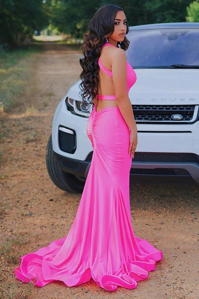 Sleeveless Hot pink Criss-cross Back Mermaid Long Train Prom Dresses Y1032