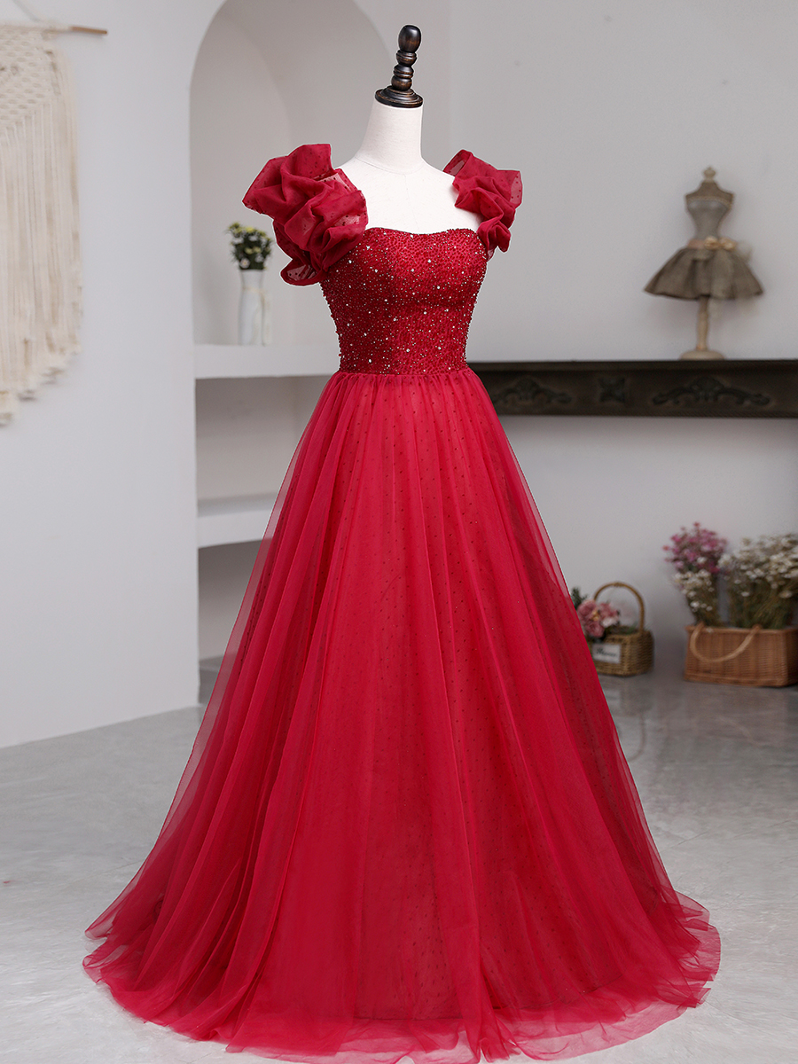 Generous A-line Red Tulle Prom Dress,Lace-up Back Prom Dress Y795