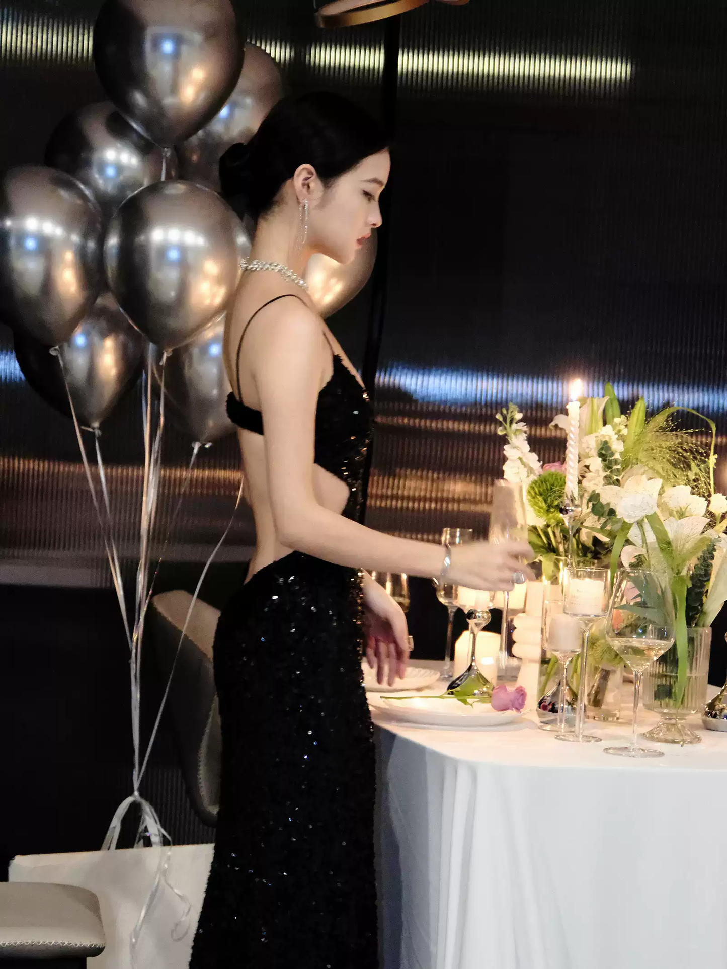 Black Sequins Sparkling Evening Dress,Sexy Backless Evening Gown Y1124