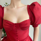 Red satin tea length prom dress Y238