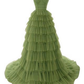 Elegant Spaghetti Straps Tulle Prom Dress,Olive Green Evening Gown Y1244