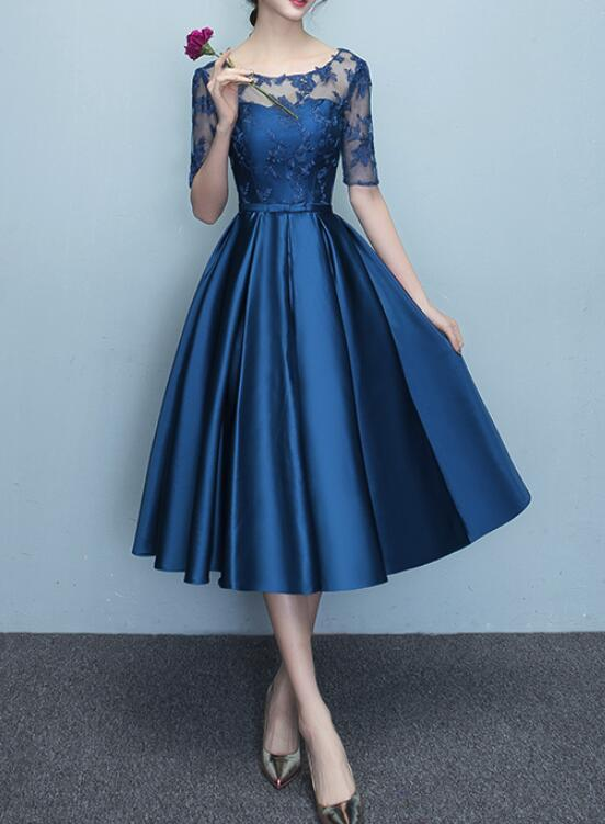 Blue Short Sleeves Tea Length Prom Dress, Blue Bridesmaid Dresses, Wedding Party Dresses Y1323