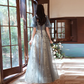Elegant A-Line Grey Tulle Short Sleeves Long Party Dress, Grey Evening Dress Y1507
