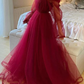 Burgundy Tulle Evening Dress With Long Sleeves Y503