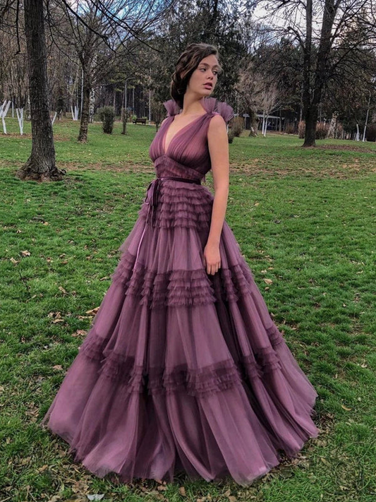 Dusty Purple Long A Line Prom Dresses, Chic Tulle Prom Dresses, High Waist Prom Dresses Y1913