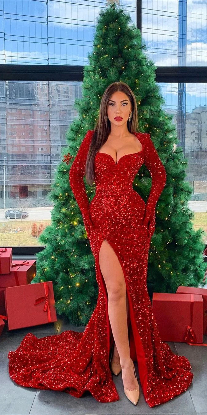 Long Sleeves Red Sequin Prom Dresses, Sexy Side Slit Mermaid Prom Dresses Y09