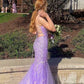Lavender Spaghetti Straps Mermaid Lace Prom Dress Applique Tulle Long Evening Gown Y1514