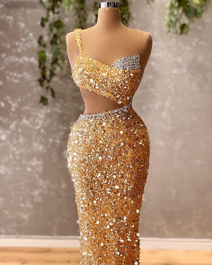 Gold Sparkly Mermaid Prom Dresses Beaded Crystals One Shoulder Evening Y62