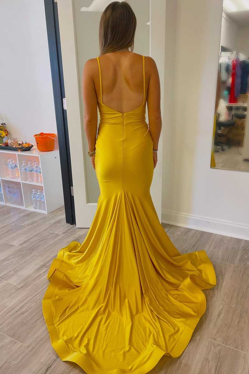 Straps Mermaid Mustard Yellow Pleated Long Prom Dress Y866