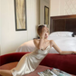 Sexy Champagne Spaghetti Straps Sleeveless Silk Prom Dress,Bridesmaid Dress Y1126