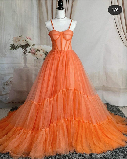 Spaghetti Straps Orange Tulle Evening Dress,Sexy Prom Gown Y1243